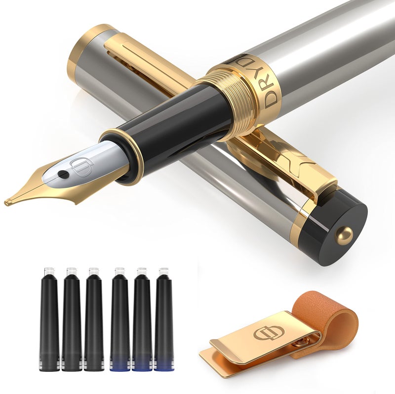Dryden Designs Fountain Pen - Medium Nib 0.5mm | Includes 6 Ink Cartridges (3 Black, 3 Blue), Notebook Clips and Ink Refill Converter | - Silver. - Image 1
